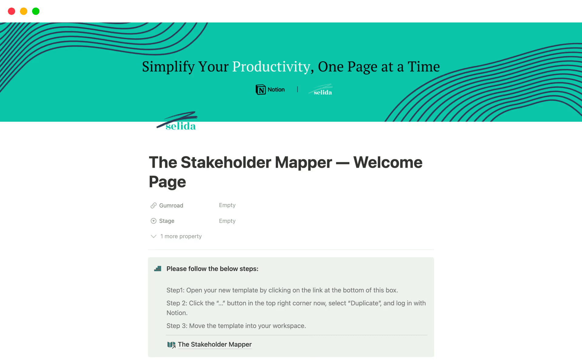 The Stakeholder Mapper template in Notion, which shows fields for Gumroad and Stage before a brief intro
