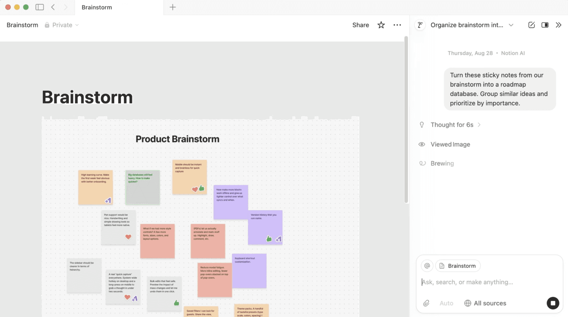 A Notion AI prompt to turn brainstorm notes into a roadmap database.