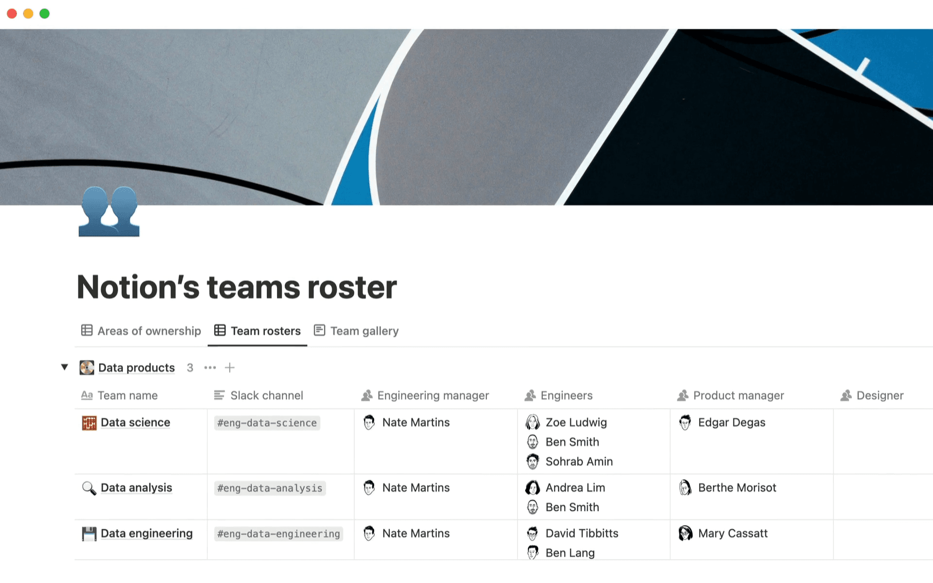 Notion’s teams roster database, in order of team names